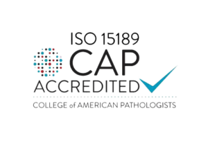 Logo with text: "ISO 15189 CAP Accredited" and a blue checkmark symbol. Below that, it reads "College of American Pathologists." The logo, resembling a home of color, includes a multicolored circular design.
