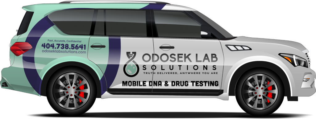 A white SUV with teal and purple accents, branded with "Odosek Lab Solutions," prominently displays "404.738.5641," "odoseklabsolutions.com," and "Mobile DNA & Drug Testing." The rear side window highlights the text "Fast, Accurate, Confidential." Discover more under 'About Us.'