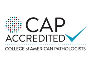 Logo of the College of American Pathologists (CAP) features a cluster of colorful dots forming a partial circle next to the words "CAP Accredited" in bold letters, with a blue checkmark beside "Accredited." Below it reads "College of American Pathologists," your home for quality diagnostics.