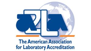 Logo of The American Association for Laboratory Accreditation (A2LA), featuring stylized "A2LA" letters in blue and white. A faint globe is in the background, with "The American Association for Laboratory Accreditation" text below in blue. It's a symbol of home to quality and reliability in laboratory accreditation.