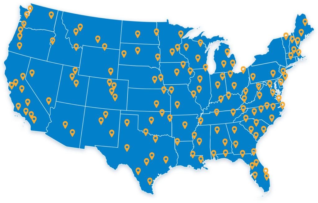 A map of the United States with blue states and yellow location markers spread across all states. The markers are evenly distributed, indicating various locations or points of interest throughout the entire country.