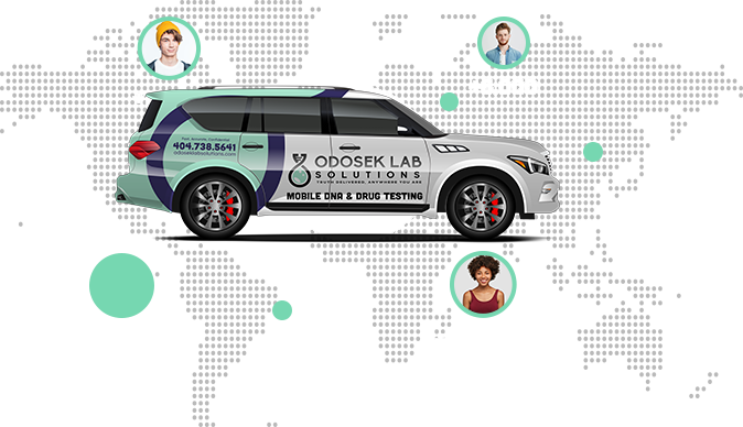 A vehicle branded with "Odosek Lab Solutions" and "Mobile DNA & Drug Testing" is overlaid on a world map, emphasizing global reach. Three circular photos of smiling individuals are placed above the map, showing contact numbers and "165,000" near the bottom person, bringing professional testing closer to your home.