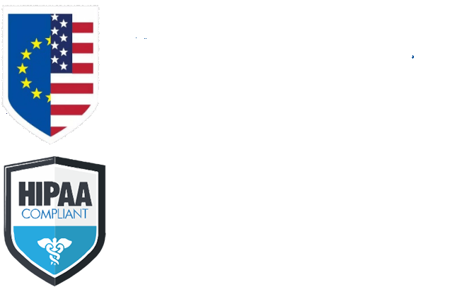 The image shows two logos. The top logo features a shield split between the United States flag on the right and the European Union flag on the left, with the text "Privacy Shield Framework." Below is a shield with the text "HIPAA Compliant" and a caduceus symbol.