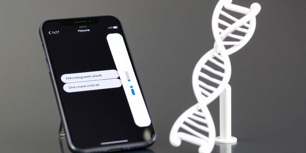 Mobile DNA testing kit with smartphone and DNA model.