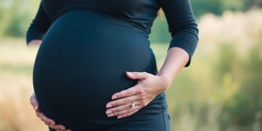 Pregnant woman touching her belly in nature.