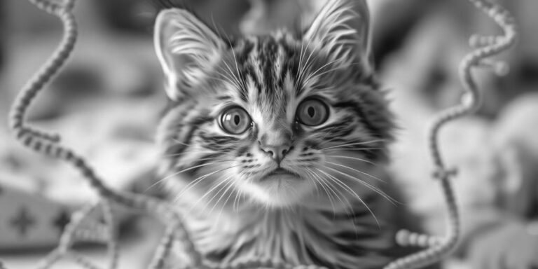 A fluffy kitten with wide eyes looks directly at the camera, its fur a mix of black, white, and gray stripes. The background is softly blurred, and curly strings frame its face in this black and white shot—perfect for a keepsake or even a cat DNA test snapshot.