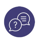 Two white speech bubbles on a dark blue circular background. One bubble shows a question mark; the other has three horizontal lines indicating text. The circle is set against a teal background.