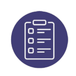 Icon of a clipboard with a checklist, featuring three lines and checkboxes, in a simplistic, white outline. The clipboard is set against a purple circular background with a teal border.