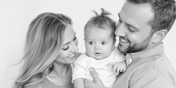 A black-and-white photo of a smiling couple holding their baby captures a moment filled with joy and curiosity, reminiscent of a snapshot that could emerge from learning of the family bond through a CVS DNA paternity test. The woman in her light top and the bearded man enhance this scene with warmth.