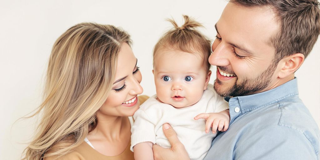 Happy family with baby celebrating together.