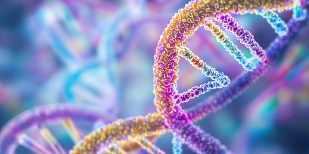 Colorful, abstract 3D rendering of DNA strands with a helical structure, reminiscent of paternity DNA testing. The image features vibrant hues of purple, blue, and pink against a blurred background, illustrating the complexity and beauty of genetic material.