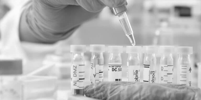 A gloved hand holds a dropper above a row of test tubes labeled with various codes, hinting at paternity DNA testing. The setting appears to be a laboratory, and the image is in black and white.