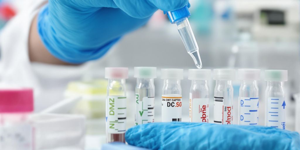 A gloved hand holds a dropper above several labeled test tubes in a laboratory setting, reminiscent of a CVS DNA paternity test. The tubes have colored caps and contain clear liquids, with various labels visible on the sides.