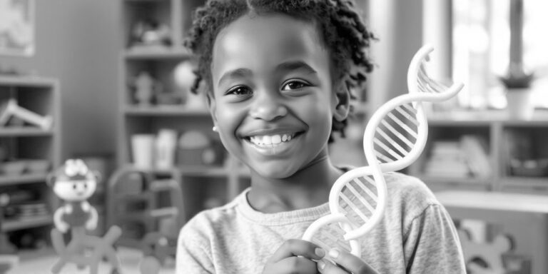 Child with DNA model and toys in a bright room.