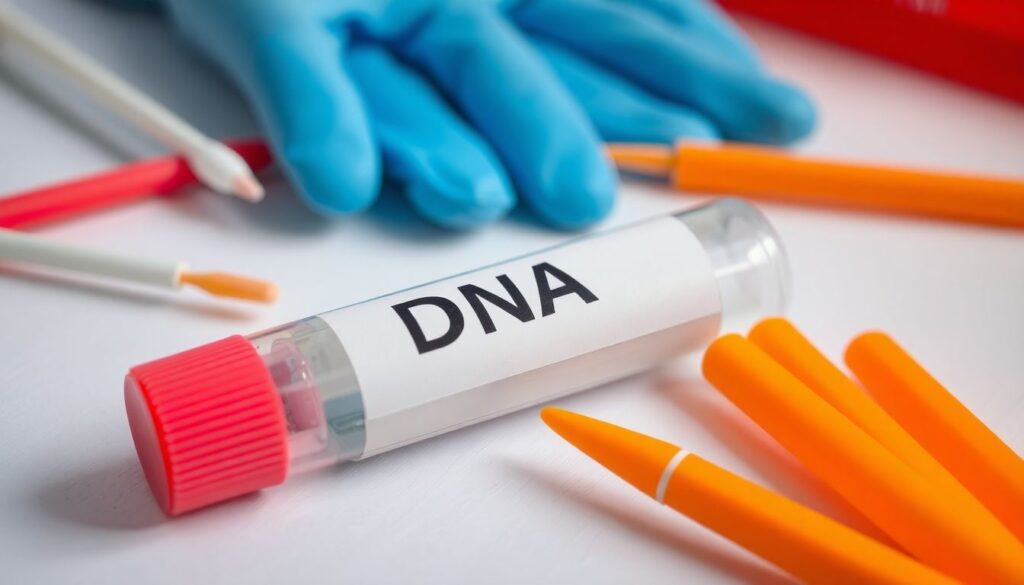 Sealed DNA sample container with collection tools and gloves.