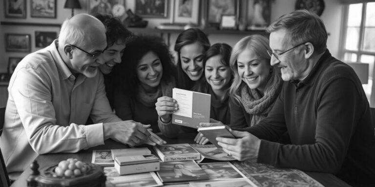 A group of seven people, a mix of men and women, sits around a table filled with books and photographs. They are smiling and looking at family photos linked to an ancestry DNA test with interest. The setting is a cozy room with a gallery wall in the background. The image is in black and white.