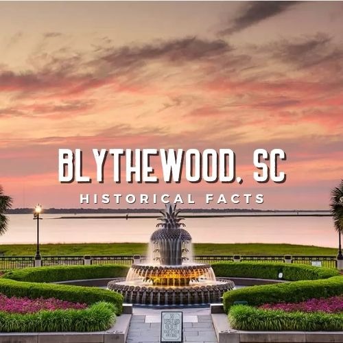 A scenic view features a pineapple fountain amidst lush greenery at sunset, with the sky painted in warm hues of pink and orange. Text reads: "Blythewood, SC Historical Facts." Discover Blythewood's blend of history and progress with nearby modern amenities like drug testing services.