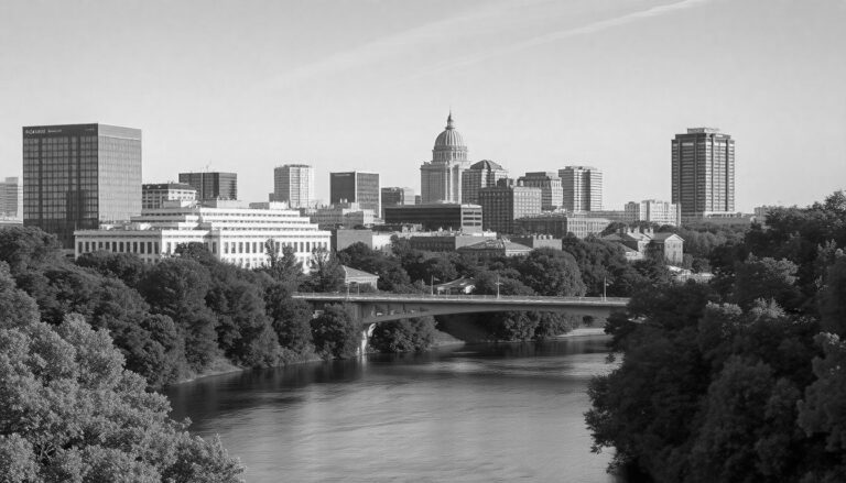 A black and white image of Columbia, SC's skyline showcases the capitol building's dominant dome. Surrounding tall buildings stand as a testament to the city's growth. The river in the foreground, perhaps holding stories untold like DNA testing revelations, is gracefully crossed by a bridge with trees lining its edge.