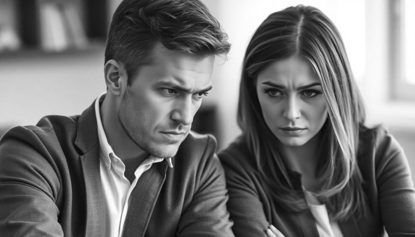 A black and white image of a man and woman sitting closely, both wearing blazers and looking intently at something off-camera. They have a serious, focused demeanor, as if analyzing crucial results from legal DNA testing.