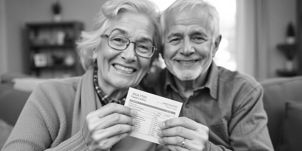 An elderly couple sits on a cozy couch, beaming at the camera as they proudly hold up their Grandparent DNA Testing results. The warm and joyful scene radiates happiness and suggests a wonderfully positive outcome in their inviting living room.