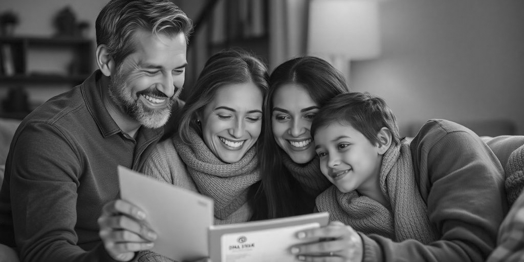 A happy family sits together on a couch, sharing a heartfelt moment while looking at a framed photo. All four smile warmly, perhaps relieved after a smooth same day DNA testing. The room is cozy, with a soft lamp in the background. The image captures this genuine bond in grayscale.