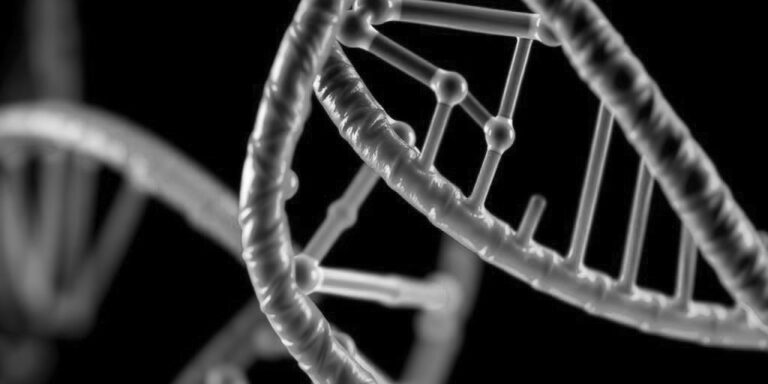 Close-up of a DNA double helix, or could it be a triple helix, against a dark background. The image reveals the twisted ladder-like strands with rungs made of shaped molecular models, highlighting DNA's intricate and detailed design.