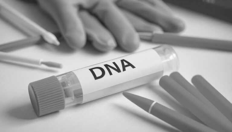 A monochrome image of a DNA test tube placed on a surface, surrounded by pens and a pair of gloves in the background. The test tube is capped and labeled with the word "DNA," ensuring integrity within the chain of custody.