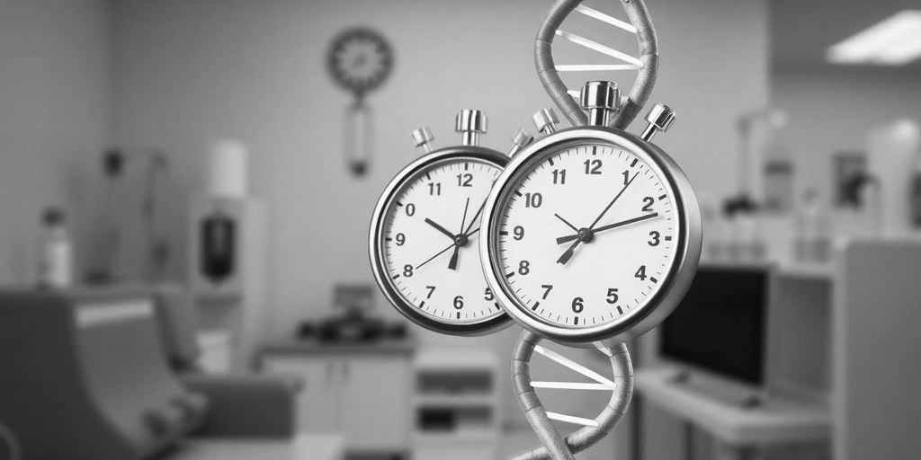 A black and white image features two overlapping stopwatches integrated into a DNA double helix structure, symbolizing same day DNA testing, set against a blurred laboratory background.