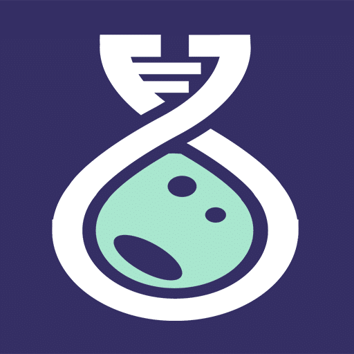 A stylized illustration of a teal laboratory flask within a white DNA double helix, set against a dark blue background.