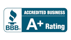 Blue and white logo showing the BBB torch and text: "ACCREDITED BUSINESS," "BBB," and "A+ Rating.