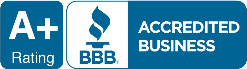 Blue and white badge showing "A+ Rating" and "BBB Accredited Business" with the Better Business Bureau torch logo in the center.