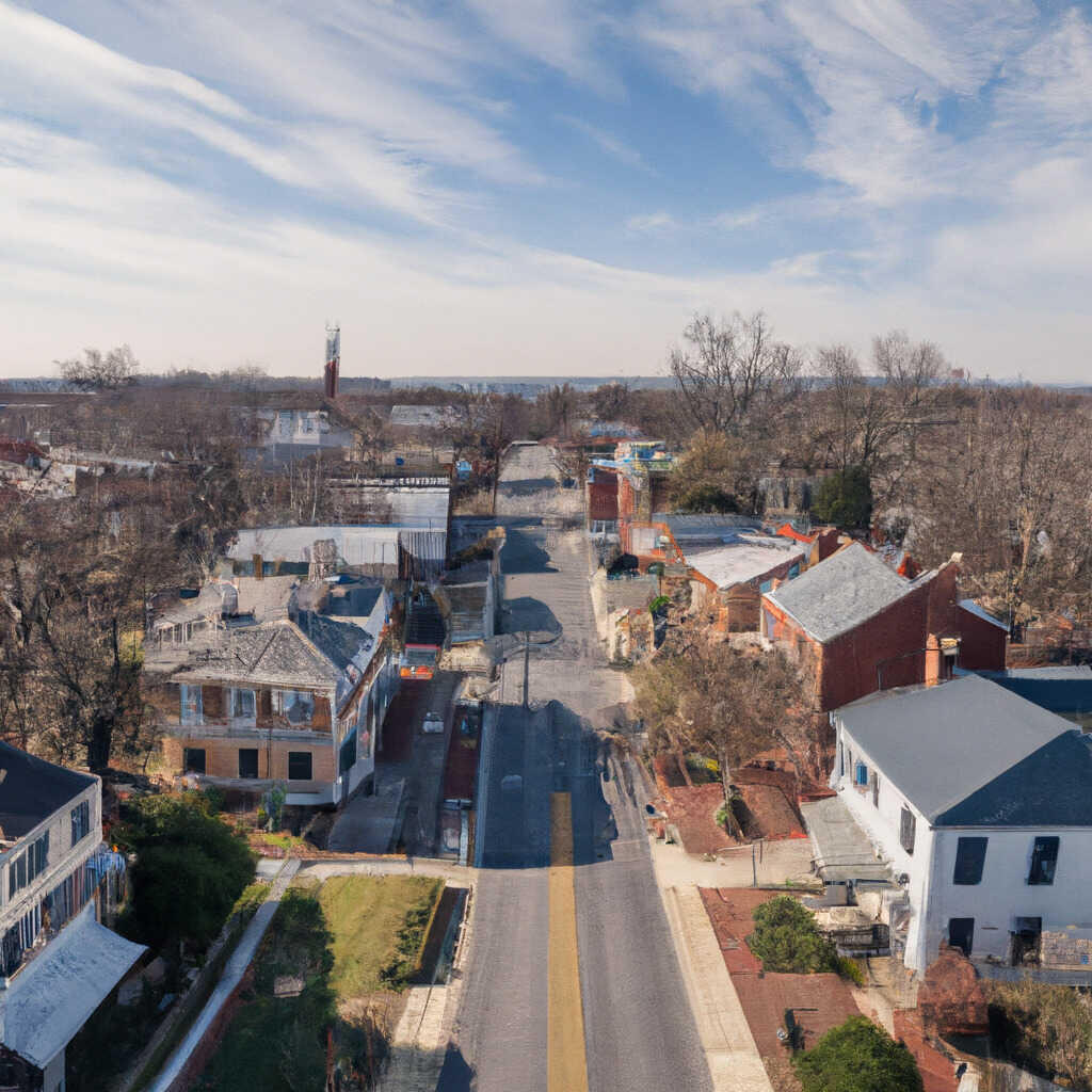 Aerial view of a quiet, residential street in a small town with older houses and leafless trees. The calm area, known for its peaceful vibe, is also home to local businesses offering drug testing services. Wispy clouds drift across the mostly clear sky.