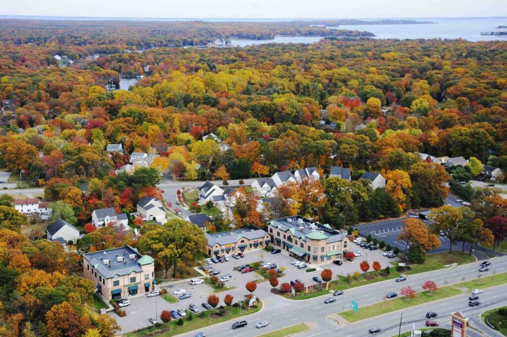 Aerial view of a small town with office buildings offering drug testing services, parking lots, and houses surrounded by dense autumn-colored trees, with a lake visible in the background.