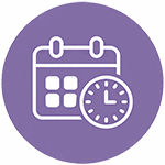 White calendar and clock icons outlined on a purple circular background, representing an appointment or time management concept for Mobile DNA and Drug Testing by Odosek Lab Solutions.