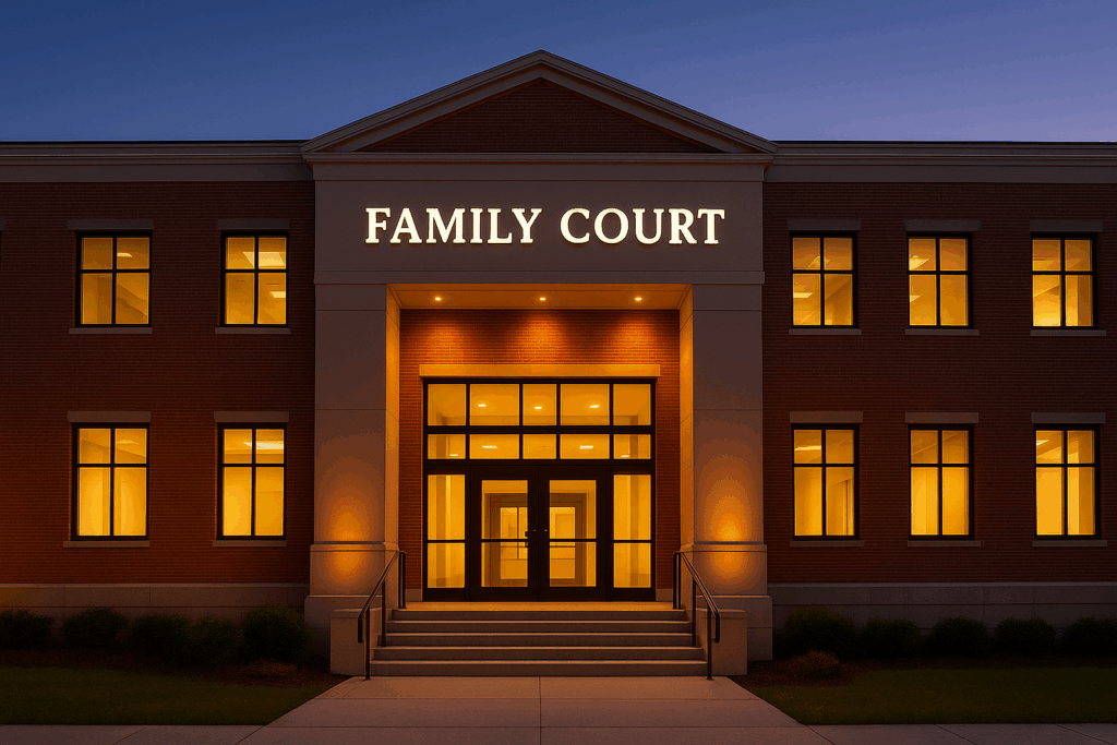 A brick building labeled "FAMILY COURT" is illuminated by warm lights at dusk. The entrance features glass doors, tall windows, and steps with railings—where many seek legal DNA testing for child support cases.