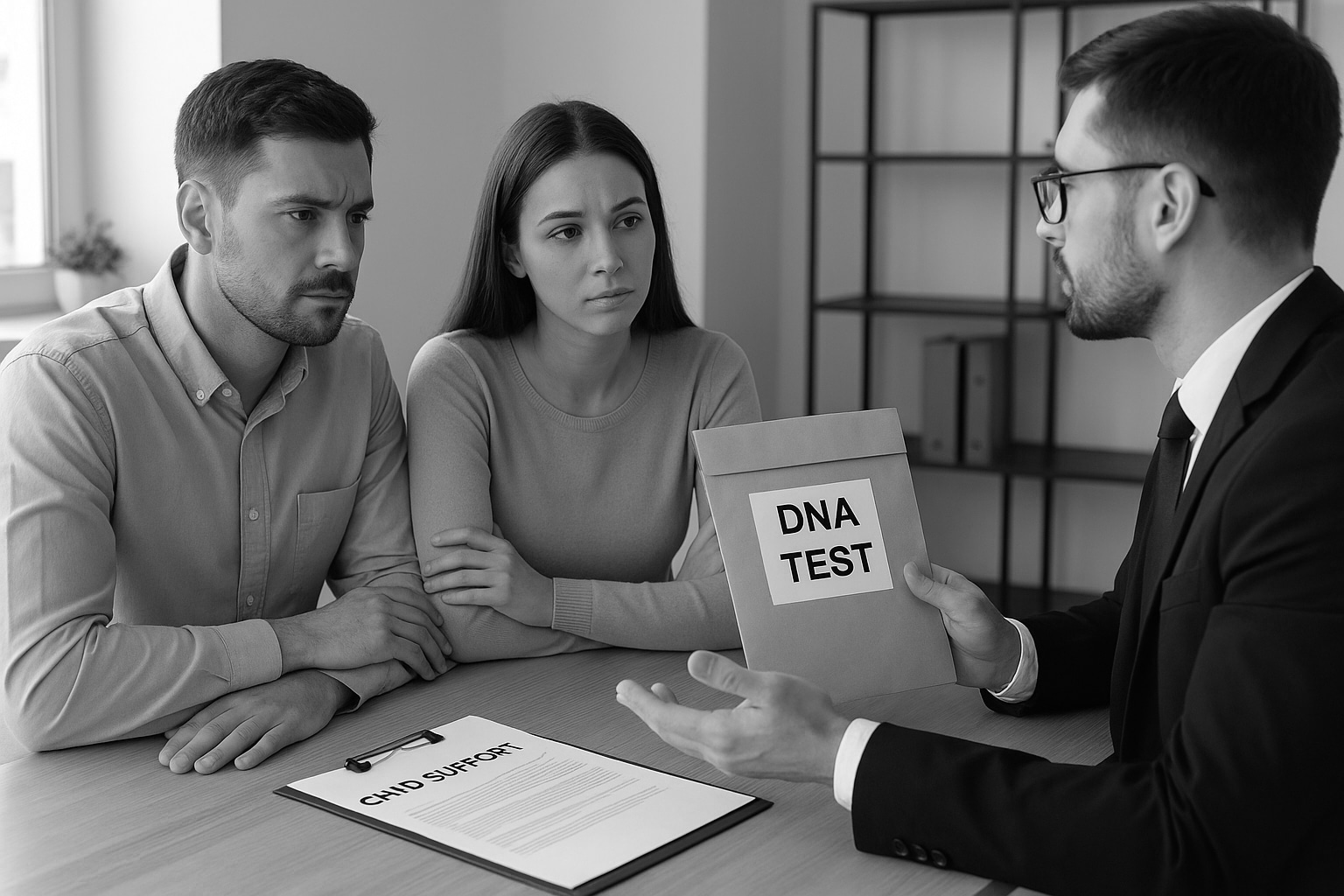 A man and woman sit across from a man in a suit holding a folder labeled "DNA TEST." A document labeled "CHILD SUPPORT" is on the table. The couple looks serious as they discuss legal DNA testing for child support cases.