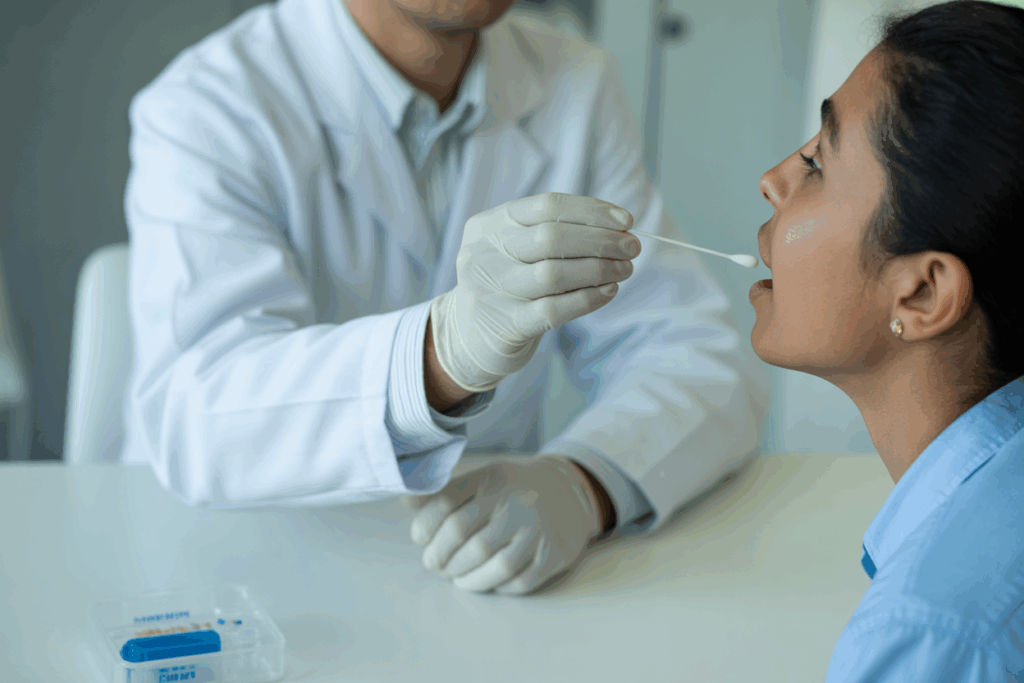 A healthcare professional wearing gloves uses a swab to collect an oral sample from a seated patient in a medical setting, as part of legal DNA testing for child support cases. A test kit is visible on the table.