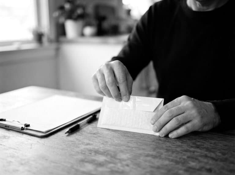 Adult hands sealing a tamper-evident strip on a DNA sample envelope beside a custody form at a kitchen table