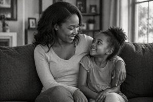 A woman and a young girl sit closely on a couch in a cozy home, smiling warmly at each other. The black and white indoor scene captures a tender moment.