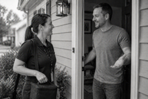 A woman standing at a front door smiles and talks with a man who is greeting her. She carries a bag and wears a lanyard. They appear friendly and engaged in conversation outside a house.