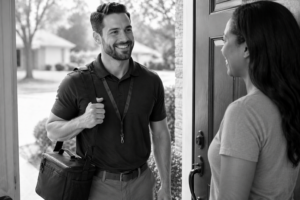 A smiling man with a beard and bag stands at an open front door, greeting a woman who faces him. The scene is cheerful, with trees and houses visible outside in the background. The image is in black and white.