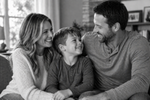 A smiling woman, young boy, and man sit close together on a couch, looking at each other happily. The photo is black and white, capturing a warm, joyful family moment indoors.