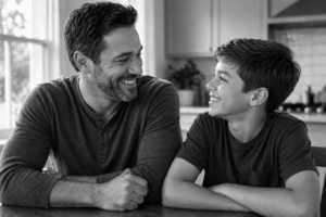 A man and a boy sit at a table indoors, smiling at each other. The photo is in black and white, and both appear happy and relaxed, suggesting a warm, positive relationship.