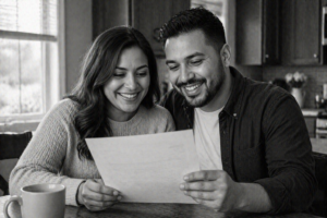 A smiling couple sits at a table in a cozy kitchen, looking at a sheet of paper together. A coffee mug is in front of them, and sunlight streams through a nearby window.