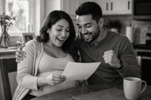 A smiling couple sits at their kitchen table in South Carolina, looking excitedly at a piece of paper. The pregnant woman and her partner celebrate the news with a mug on the table, capturing pure Midlands joy.