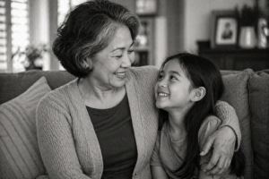 An elderly woman with gray hair smiles warmly at a young girl on a cozy couch. Sitting close, the woman's arm rests around the girl in a warm, black and white portrait.