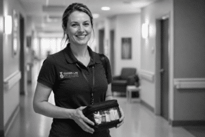 A woman in a "Odosek Lab Solutions" polo shirt smiles while holding a small zippered pouch with medical supplies in a hallway of a healthcare facility in the Midlands region of South Carolina.