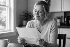 A woman with a gentle smile sits at a table, holding and reading a letter. A mug is on the table and a window and houseplants are visible in the softly lit background. The image is in black and white.