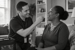 A smiling healthcare worker takes a swab sample from a seated woman at home. The atmosphere appears friendly and comfortable.