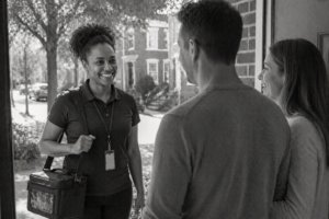 A smiling delivery worker stands at a doorstep, chatting with a man and woman in the doorway of their home on a sunny day, holding a collection bag.